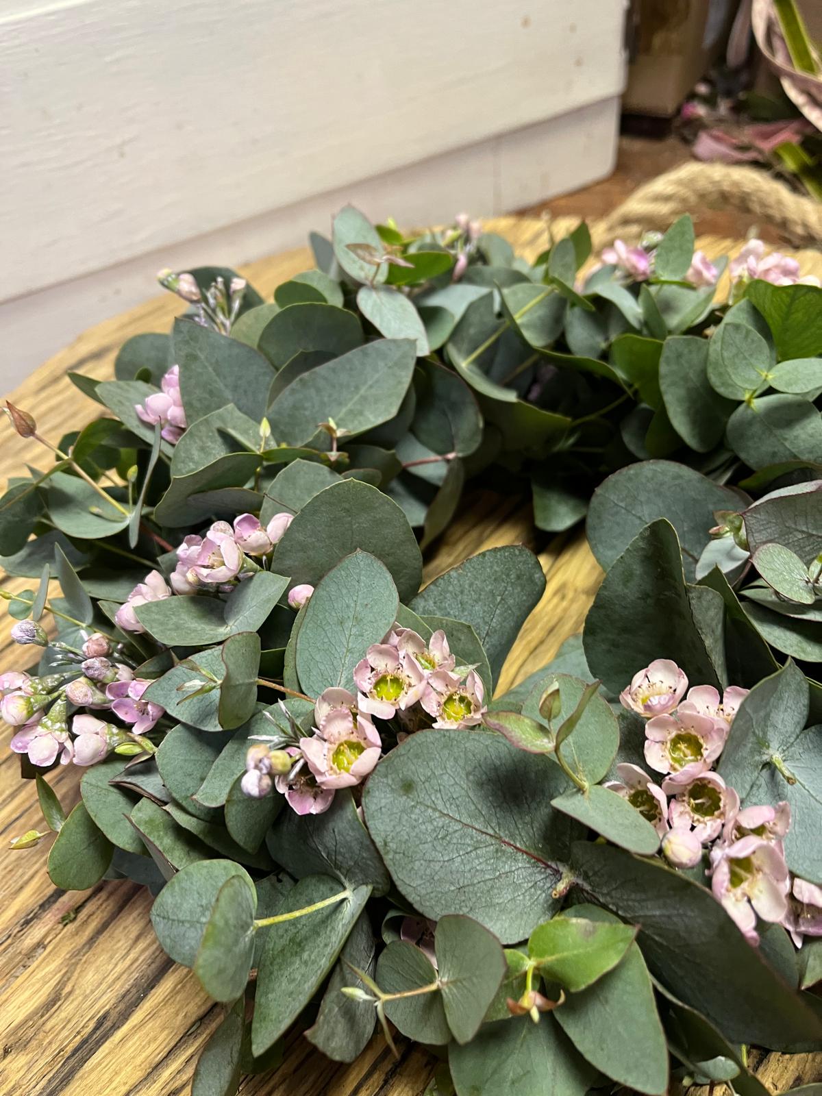 Neuer Kranz mit Eukalyptus & Waxblume – Zeitlose Deko
