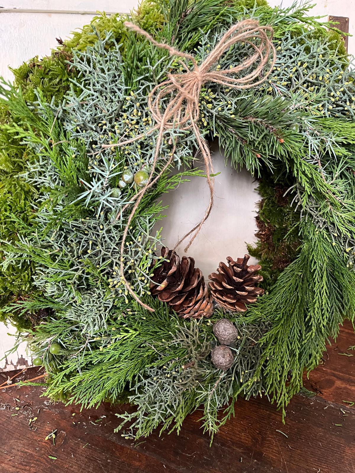 Langlebiger Mooskranz (40/50 cm) – Dick gebunden mit Tanne & Zapfen