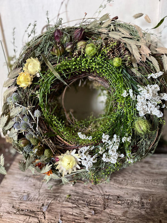 Eleganter Trockenblumenkranz mit Thymian & Disteln – Unikat für Tisch & Tür, langlebige Naturdeko