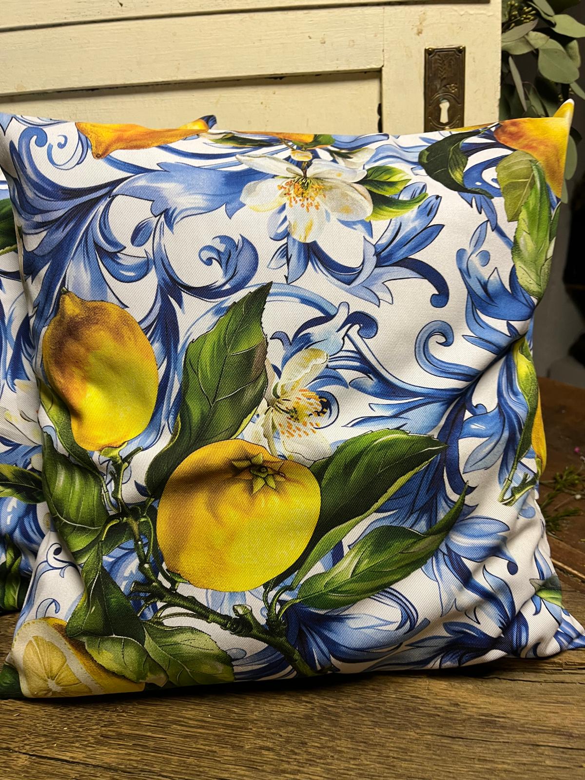 Zitronen Kissen 40x40 cm | Mediterrane Deko für Garten & Balkon | Dekokissen Gelb Zitronenmotiv | Outdoor geeignet