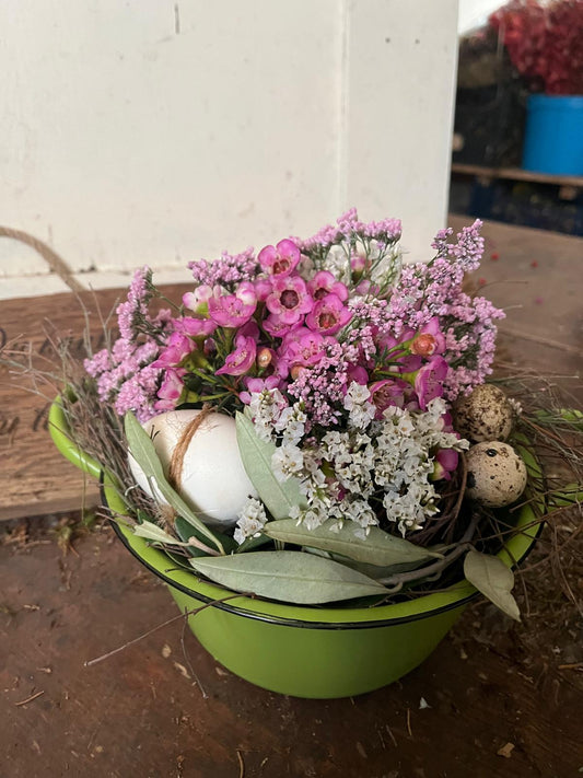 Ostergesteck in der Schale | Frühlingsdeko handgesteckt | Mit Thymian & Eiern | Trocknet wunderschön ein | 18 cm Unikat