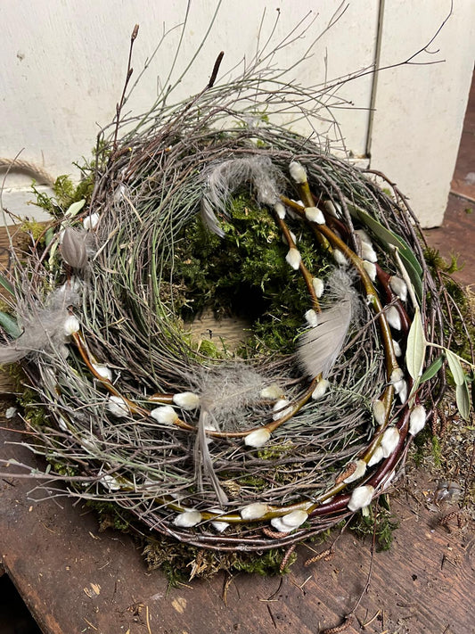 Moderner Naturkranz Ostern | Olive & Palmkätzchen | Frühlingskranz für Tür & Tisch | Handgebundenes Unikat