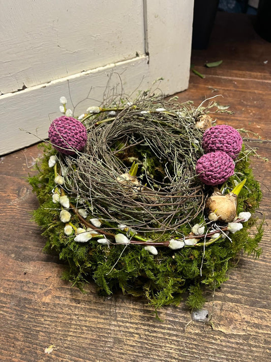 Osterkranz mit Strickeiern & Palmkätzchen | Frühlingskranz Natur mit Thymian & Zwiebeln | Handgemachte Osterdeko personalisierbar | 20, 25, 30 cm