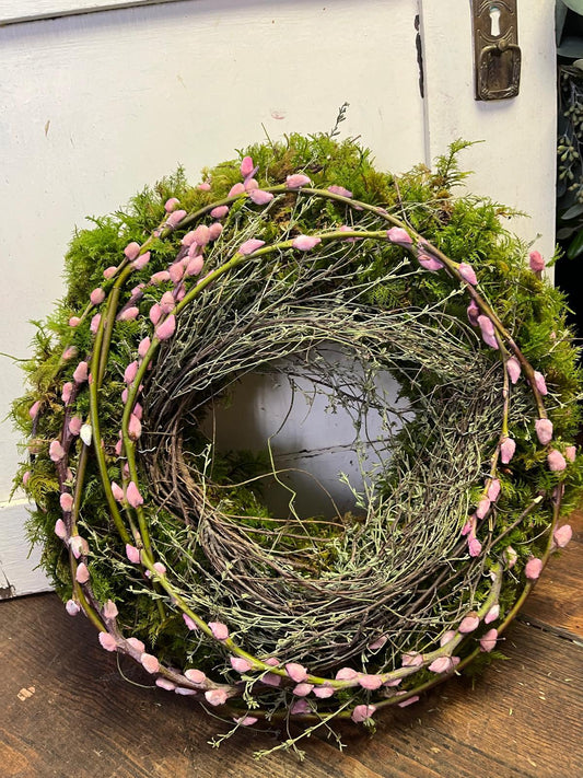 Mooskranz mit Palmkätzchen & Thymian | Frühlingskranz handgebunden | Türkranz Ostern natürlich | Tischkranz aus echtem Moos | 20, 25, 30, 35, 40 cm