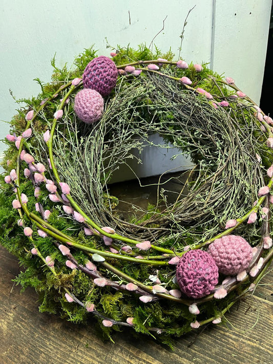 Mooskranz mit Palmkätzchen & Thymian und Strickeiern | Frühlingskranz handgebunden | Türkranz Ostern natürlich | Tischkranz aus echtem Moos | 20, 25, 30, 35, 40 cm (Copy)