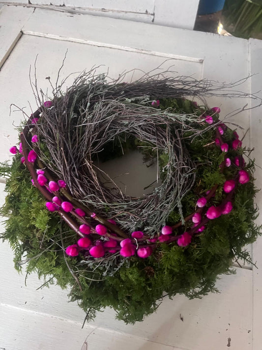 Mooskranz mit Palmkätzchen & Thymian | Osterdeko haltbar | Türkranz Frühling | Natürlicher Tischkranz | Ewig haltbar | 25-30cm