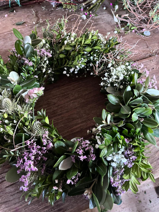 Frühlingskranz Natur mit Thymian, Bux & Schleierkraut | Türkranz Trockenblumen Disteln & Strandflieder | Sommerkranz handgebunden | Wandschmuck Boho Unikat