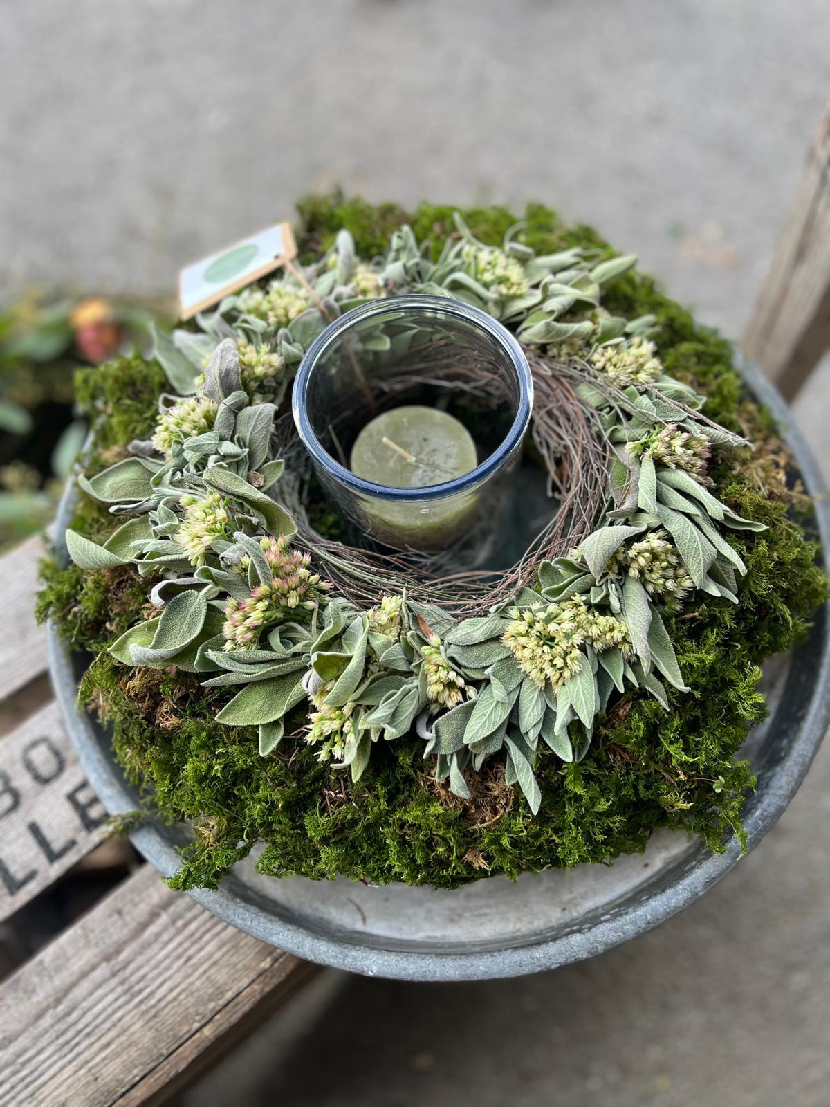 Mooskranz mit Salbei Sedum Thymian | Handgefertigter Naturkranz Tischdeko & Türkranz | Herbstdeko Unikat 25cm 30cm